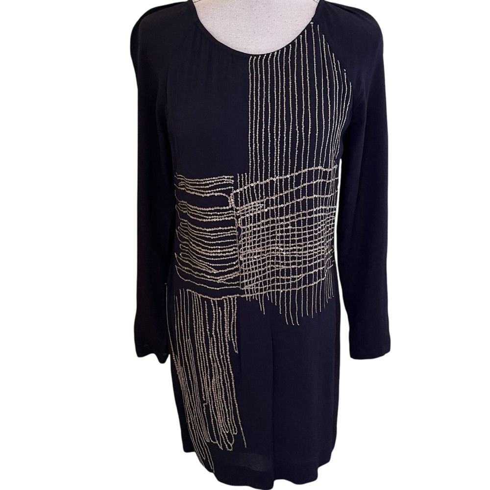 Yoana Baraschi Navy Blue Crepe Long Sleeve Shift Dress with Gold Sequin Detail